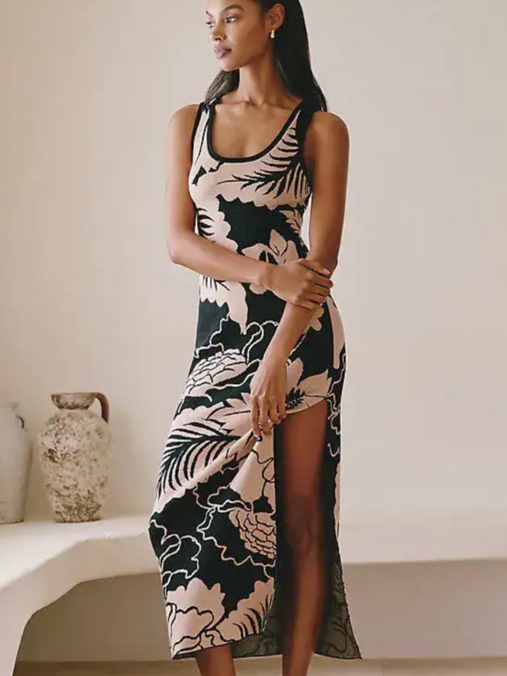 NWT Celandine Anthropologie Black Brown Floral Sleeveless Midi Sweater Dress S